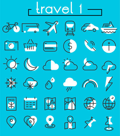 Vector set of trendy inline bold icons of travel and tourism metaphors, white on blue, set 1のイラスト素材