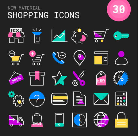 Modern flat shopping line thin colored icons in bright colored retro 80s, 90s styleのイラスト素材