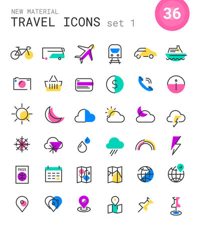 Vector set of trendy linear icons of travel and tourism metaphors in bright colored retro 80s, 90s style, set 1のイラスト素材