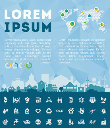 Small town or village ecological illustration Think Green with infographics world mapのイラスト素材