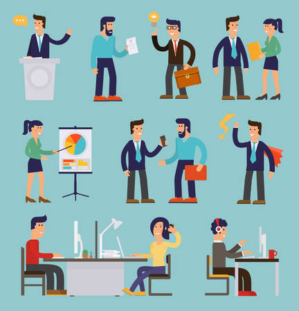 Vector concept cartoon character illustrations businessmen presentating a report, striking a target, searching information, talking with colleague, working with a computer, speaking by megaphone, saving his money etcのイラスト素材