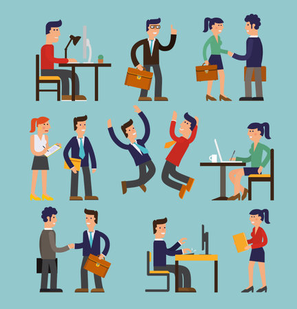 Vector concept cartoon character illustrations businessmen presentating a report, striking a target, searching information, talking with colleague, working with a computer, speaking by megaphone, saving his money etcのイラスト素材