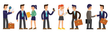 Vector concept cartoon character illustrations businessmen presentating a report, striking a target, searching information, talking with colleague, working with a computer, speaking by megaphone, saving his money etcのイラスト素材