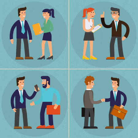 Vector concept cartoon character illustrations businessman presentating a report, striking a target, searching information and talking with colleagueのイラスト素材
