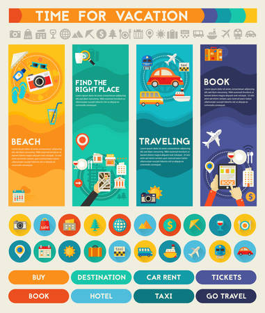 Time for travel four concept banners with UI elements. Four vector illustrations and collection of banners, icons and buttons for mobile app and website UI designsのイラスト素材