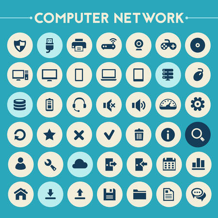 Trendy flat design big computer and server networks icons set on round buttonsのイラスト素材