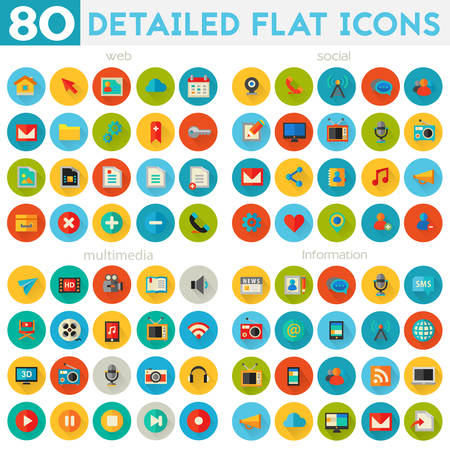 Trendy flat detailed multimedia, information, web and social colored icons on colored circlesのイラスト素材
