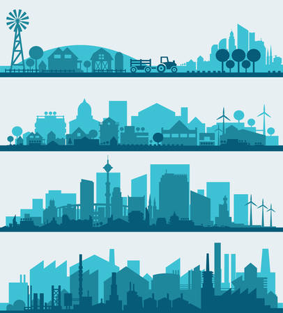 Abstract stylish cityscape infographics. Infographics elements collection with town, city, farm and industrial districtsのイラスト素材