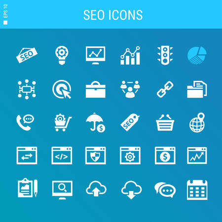 Basic flat design SEO icons collection, on blue backgroundのイラスト素材