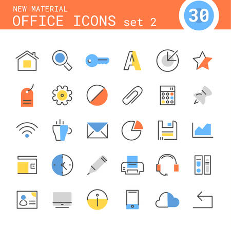 Trendy linear office icons in bright colored retro 80s, 90s memphis style, set 2のイラスト素材