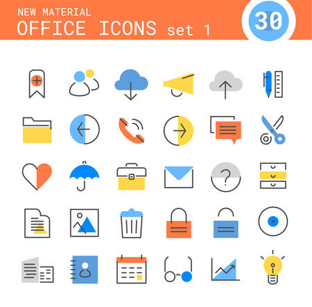 Trendy linear office icons in bright colored retro 80s, 90s memphis style, set 1のイラスト素材