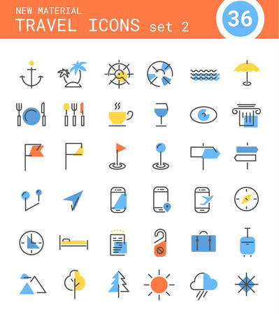Vector set of trendy inline thin icons of travel and tourism metaphors in bright colored retro 80s, 90s style, set 2のイラスト素材