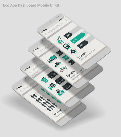 Flat design Management and Administration Dashbord Eco New Energy inforgraphics UI mobile app template on light background, with 3d smartphone mockups and infographics charts kitのイラスト素材