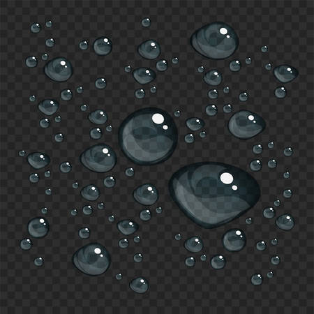 Transparent water drops, isolated on dark transparent background, easy to edit.のイラスト素材