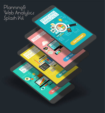 Flat design responsive Project Planning, Searching Analytics and Web Development UI mobile app splash screens template with trendy illustrations and 3d smartphone mockupsのイラスト素材