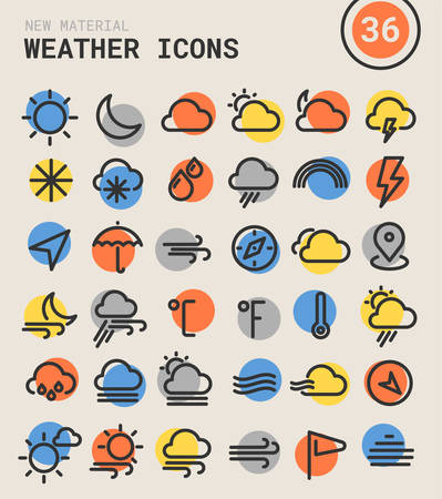 Trendy bold linear weather icons in bright colored retro 80s, 90s styleのイラスト素材