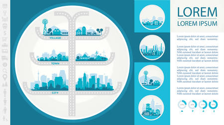 Abstract stylish cityscape infographics. Infographics elements collection with town, city, farm and industrial districtsのイラスト素材
