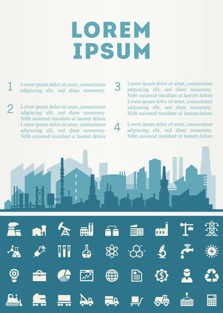 Construction illustration for websites. City skyline construction background with industry icons collectionのイラスト素材
