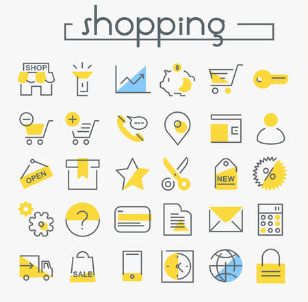 Vector set of trendy inline bold shopping icons, white on blueのイラスト素材