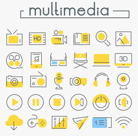 Vector set of trendy inline bold multimedia icons, white on blueのイラスト素材