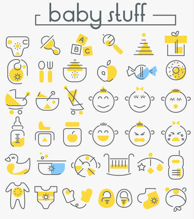 Vector set of trendy inline bold baby stuff icons, white on blueのイラスト素材