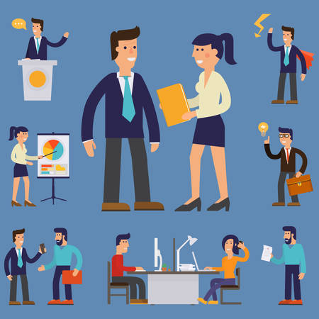 Vector concept cartoon character illustrations businessman presentating a report, striking a target, searching information and talking with colleague.のイラスト素材