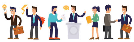 Vector concept cartoon character illustrations businessmen presentating a report, striking a target, searching information, talking with colleague, working with a computer, speaking by megaphone, saving his money etc.のイラスト素材