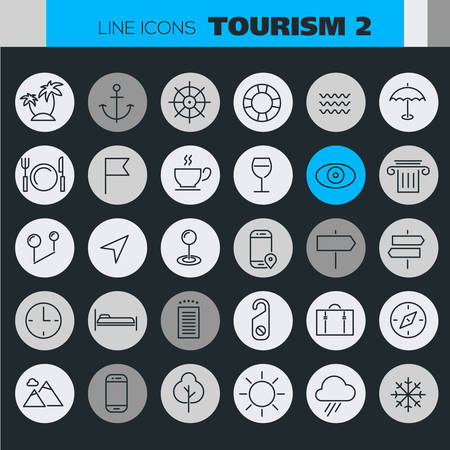 Trendy line icons - Tourism icons collection on colored round buttons.のイラスト素材