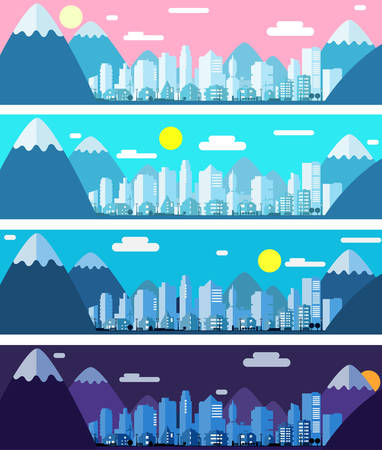 Three banners with paper material style city landscape in the morning, day and nightのイラスト素材