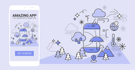 Weather line illustration splash app screen mobile mockupのイラスト素材