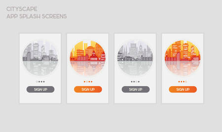 Flat design responsive UI mobile app splash screens template with trendy city landscape illustrationsのイラスト素材