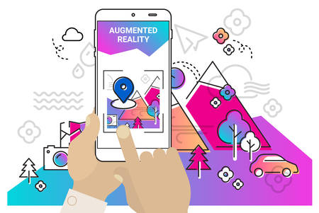 Augmented reality mobile app concept, for travelling navigation and outdoor activity, mobile geolocation and augmented reality contentのイラスト素材