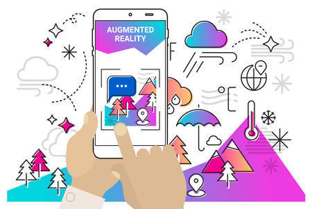 Augmented reality mobile app concept, for travelling navigation and outdoor activity, mobile geolocation and augmented reality contentのイラスト素材