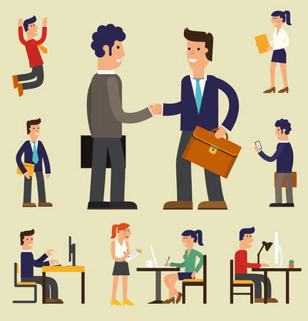 Vector concept cartoon character illustrations businessman presentating a report, striking a target, searching information and talking with colleagueのイラスト素材