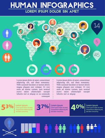 Social Networks, Human Issues, Users Amount, Users Profiles Infographics with polygonal world map and avatar iconsのイラスト素材