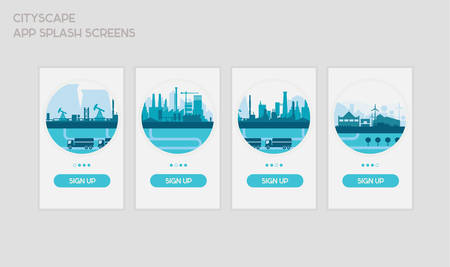 Flat design responsive UI mobile app splash screens template with trendy city landscape illustrationsのイラスト素材