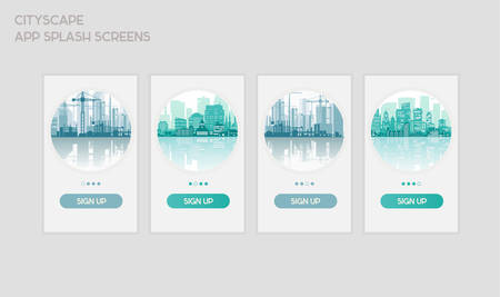Flat design responsive UI mobile app splash screens template with trendy city landscape illustrationsのイラスト素材