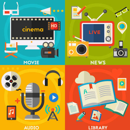 Audio production and podcast, e-ibrary and distance learning, video production and motion graphic, news and reports conceptのイラスト素材