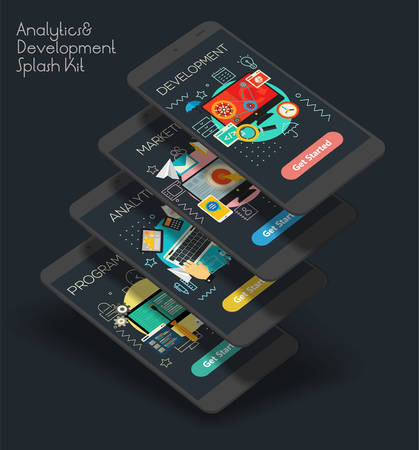 Flat design responsive Analytics and Development UI mobile app splash screens template with trendy illustrations and 3d smartphone mockupsのイラスト素材
