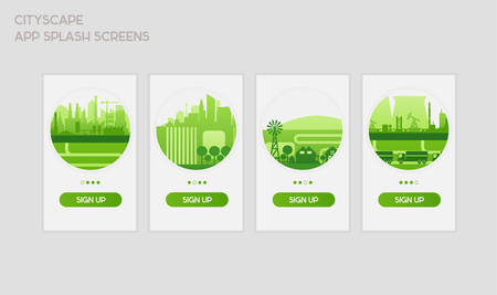 Flat design responsive UI mobile app splash screens template with trendy city landscape illustrationsのイラスト素材