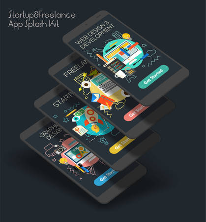 Flat design responsive Startup and Freelance UI mobile app splash screens template with trendy illustrations and 3d smartphone mockupsのイラスト素材