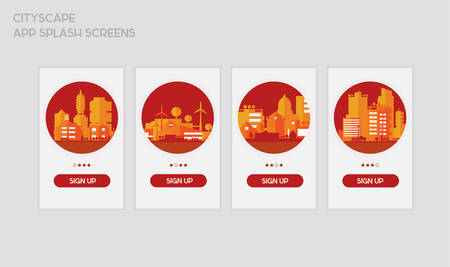 Flat design responsive UI mobile app splash screens template with trendy city landscape illustrationsのイラスト素材