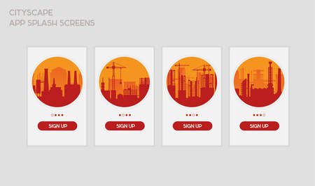 Flat design responsive UI mobile app splash screens template with trendy city landscape illustrationsのイラスト素材