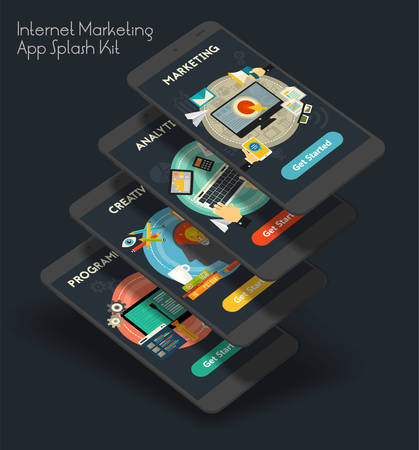 Flat design responsive Internet Marketing UI mobile app splash screens template with trendy illustrations and 3d smartphone mockupsのイラスト素材