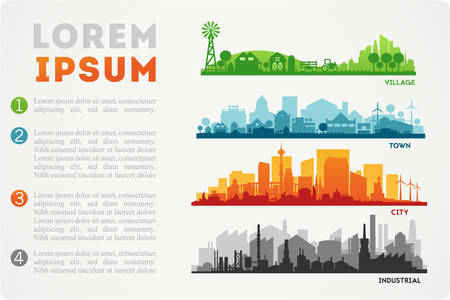 Abstract stylish cityscape infographics. Infographics elements collection with town, city, farm and industrial districts, with infographics elements and industry iconsのイラスト素材