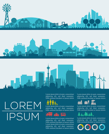 Abstract stylish cityscape infographics. Infographics elements collection with town, city, farm and industrial districts, with infographics elements and industry iconsのイラスト素材