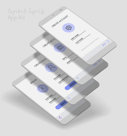 Trendy 3d responsive mobile UI templates of login and registration mobile app template on light backgroundsのイラスト素材