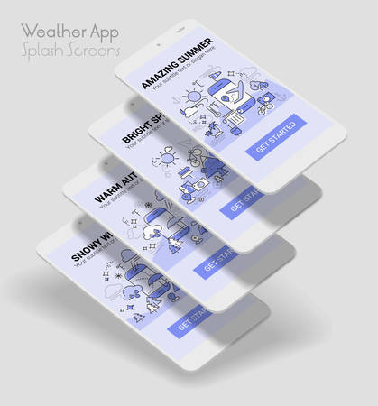 Weather and seasonal conceptual line banner and splash screen illustration for mobile apps. Spring, Summer, Autumn, Winter. Line design vector illustration online web bannerのイラスト素材