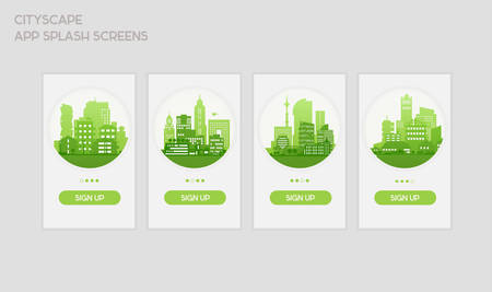 Flat design responsive UI mobile app splash screens template with trendy city landscape illustrationsのイラスト素材