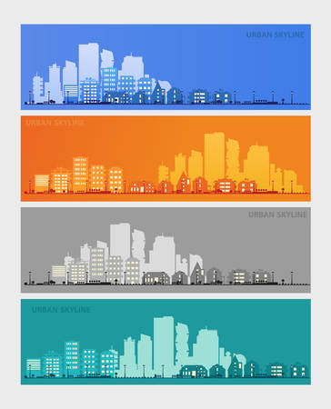 Vector collection of 3 horizontal banners with small town or village silhouettesのイラスト素材